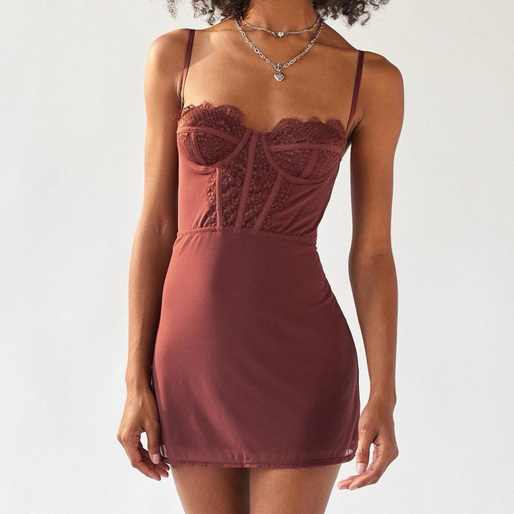 UO Modern Love Bustier Mini Dress Chocolate Brown